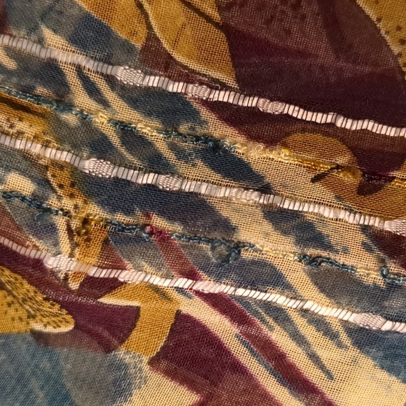 Long Fringe Boho Scarf Teal & Brown Floral Sheer Metallic Stripes 67" Wrap - Picture 6 of 12